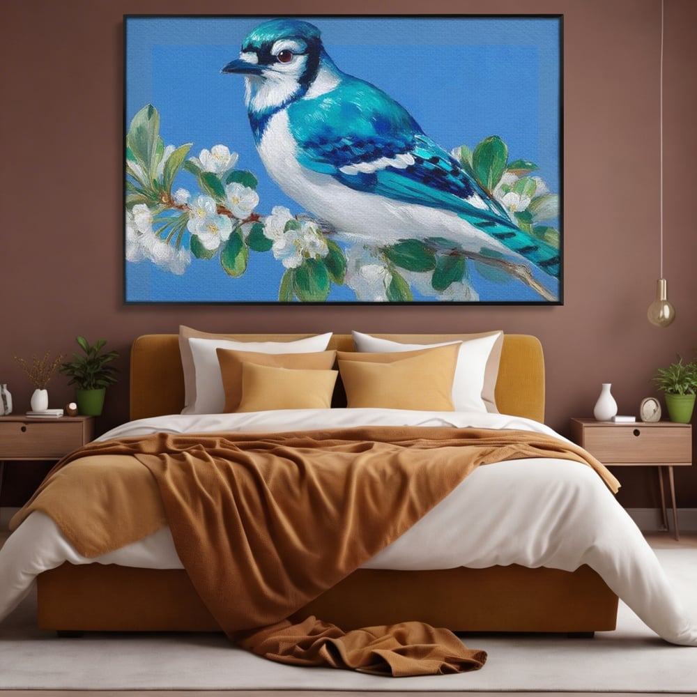 Tablou canvas cu tablou canvas cu gai albastra pe ramura, in rama de aluminiu negru, pe perete intr-un dormitor